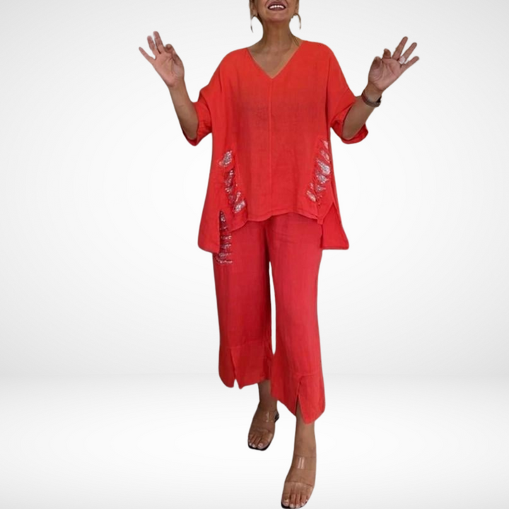Briella™ Elegante Twee-Delige Zomer Set | V-Hals Top en Wijde Broek