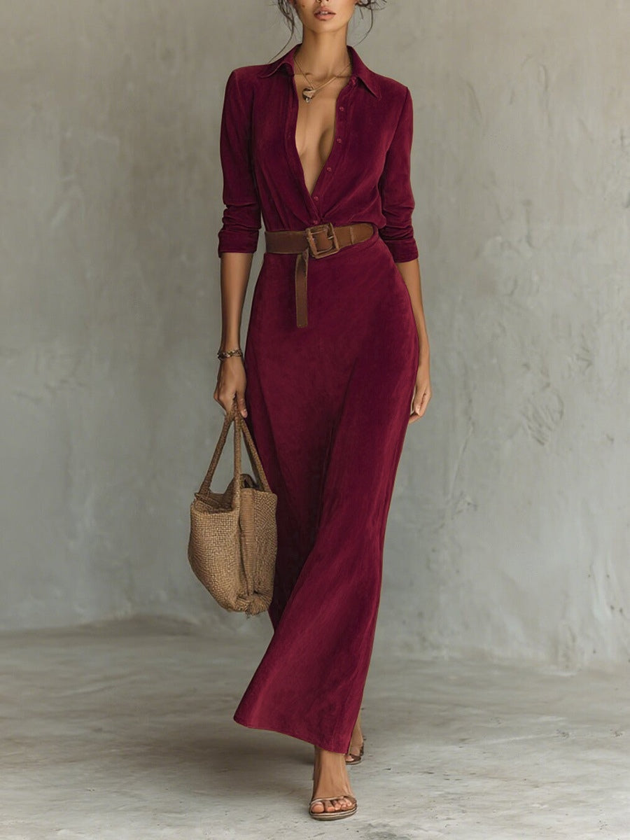 Juline™ | Maxi Jurk met Suèdelook en Revers
