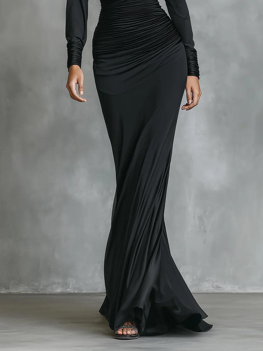 Célina™ | Zwarte Satijnen One-Shoulder Maxi Jurk