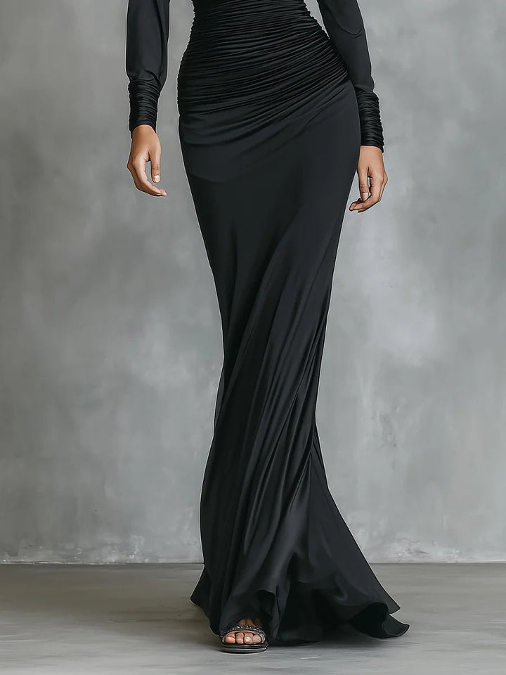 Célina™ | Zwarte Satijnen One-Shoulder Maxi Jurk