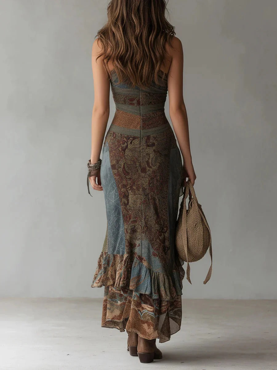 María | Asymmetrische Maxi-Jurk met Etnische Print en Hoge Zijsplit